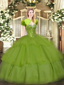 Olive Green Tulle Lace Up Quinceanera Dress Sleeveless Floor Length Beading and Ruffled Layers