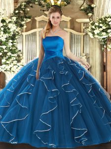 Traditional Strapless Sleeveless Tulle Quinceanera Dresses Ruffles Lace Up