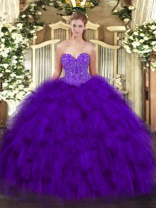 Customized Sweetheart Sleeveless Organza Quinceanera Gowns Beading and Ruffles Lace Up
