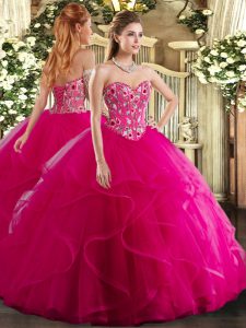 Sleeveless Organza Floor Length Lace Up Ball Gown Prom Dress in Fuchsia with Embroidery and Ruffles