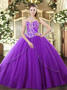 Beading Quinceanera Gowns Purple Lace Up Sleeveless Brush Train