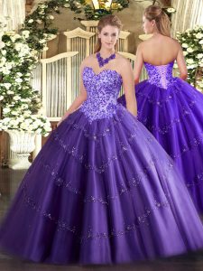 Luxury Floor Length Lace Up Ball Gown Prom Dress Purple for Military Ball and Sweet 16 and Quinceanera with Appliques