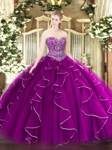 Sleeveless Tulle Floor Length Lace Up Sweet 16 Dresses in Fuchsia with Beading and Ruffles