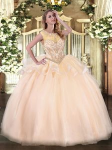 Floor Length Peach Sweet 16 Dresses Organza Sleeveless Beading