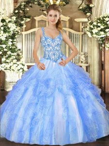 Fitting Floor Length Blue And White Ball Gown Prom Dress Straps Sleeveless Lace Up