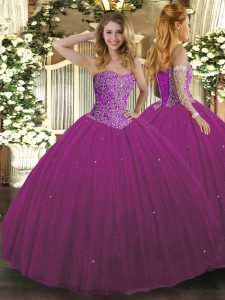 Fuchsia Sleeveless Floor Length Beading Lace Up 15th Birthday Dress