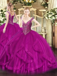Luxurious Fuchsia V-neck Neckline Beading and Ruffles Ball Gown Prom Dress Sleeveless Lace Up