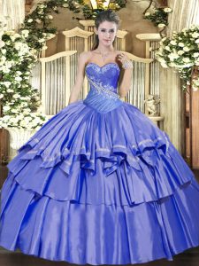 Low Price Organza and Taffeta Sweetheart Sleeveless Lace Up Beading and Ruffled Layers Quince Ball Gowns in Blue