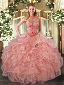 Custom Design Sleeveless Beading and Embroidery and Ruffles Lace Up Ball Gown Prom Dress
