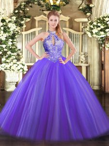 Tulle Halter Top Sleeveless Lace Up Sequins Sweet 16 Dress in Purple