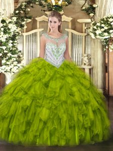 Popular Olive Green Tulle Zipper Sweet 16 Dresses Sleeveless Floor Length Beading and Ruffles