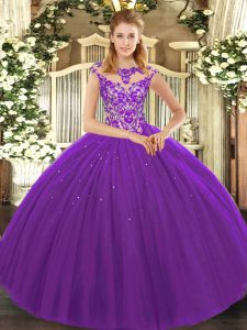 Beauteous Floor Length Lace Up Sweet 16 Quinceanera Dress Eggplant Purple for Sweet 16 and Quinceanera with Beading and Appliques