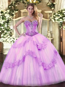 Lilac Tulle Lace Up Quince Ball Gowns Sleeveless Floor Length Beading