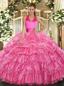Trendy Rose Pink Lace Up Quinceanera Gown Ruffled Layers and Pick Ups Sleeveless Floor Length