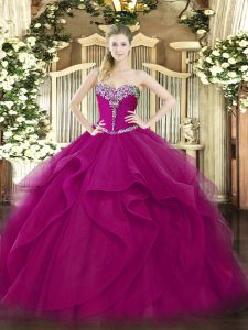 Fashionable Sleeveless Tulle Floor Length Lace Up Sweet 16 Quinceanera Dress in Fuchsia with Beading and Ruffles