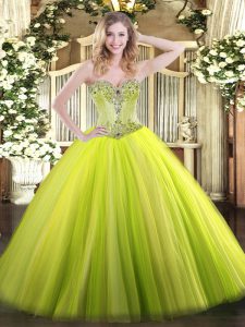 Floor Length Lace Up Sweet 16 Dresses Yellow Green for Sweet 16 and Quinceanera with Beading
