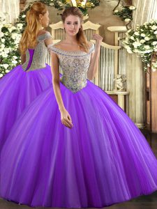 Floor Length Lace Up Quinceanera Gowns Lavender for Sweet 16 and Quinceanera with Beading