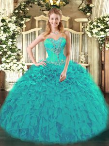 Glittering Teal Sleeveless Beading and Ruffles Quince Ball Gowns