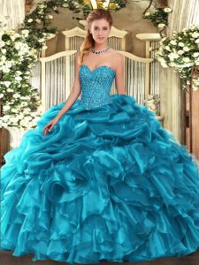 Teal 15th Birthday Dress Military Ball and Sweet 16 and Quinceanera with Beading and Ruffles and Pick Ups Sweetheart Sleeveless Lace Up