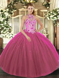 Embroidery 15th Birthday Dress Fuchsia Lace Up Sleeveless Floor Length