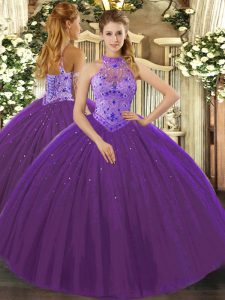 Purple Lace Up 15 Quinceanera Dress Beading and Appliques and Embroidery Sleeveless Floor Length