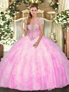 Traditional Rose Pink Strapless Neckline Appliques and Ruffles 15th Birthday Dress Sleeveless Lace Up