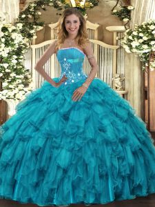 Flare Teal Quinceanera Gown Military Ball and Sweet 16 and Quinceanera with Beading and Ruffles Strapless Sleeveless Lace Up
