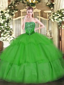 Green Sleeveless Floor Length Beading and Ruffled Layers Lace Up Quinceanera Gowns