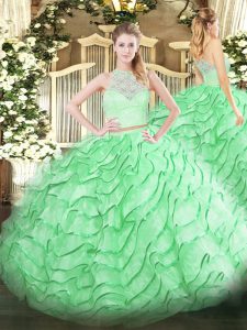 Glamorous Sleeveless Tulle Brush Train Zipper Quinceanera Dress in Apple Green with Lace and Ruffles