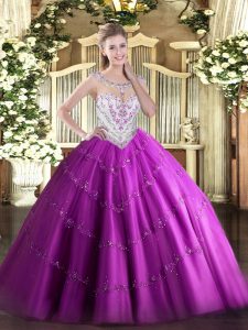 Fuchsia Sleeveless Tulle Zipper Ball Gown Prom Dress for Military Ball and Sweet 16 and Quinceanera
