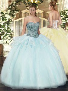 Customized Floor Length Apple Green Sweet 16 Quinceanera Dress Tulle Sleeveless Beading and Ruffles