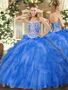 Glittering Blue Ball Gowns Tulle Sweetheart Sleeveless Beading and Ruffles Floor Length Lace Up Sweet 16 Dresses