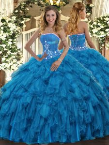 Baby Blue Ball Gowns Organza Strapless Sleeveless Beading and Ruffles Floor Length Lace Up 15th Birthday Dress