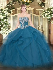 Super Floor Length Ball Gowns Sleeveless Teal Quinceanera Gowns Lace Up