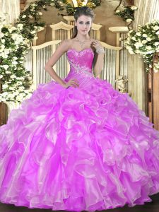 Classical Lilac Lace Up 15th Birthday Dress Beading and Ruffles Sleeveless Floor Length