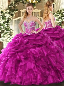 Fuchsia Quinceanera Gowns Military Ball and Sweet 16 and Quinceanera with Beading and Ruffles and Pick Ups Sweetheart Sleeveless Lace Up