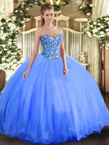 Wonderful Blue Ball Gowns Sweetheart Sleeveless Organza and Tulle Floor Length Lace Up Embroidery Ball Gown Prom Dress