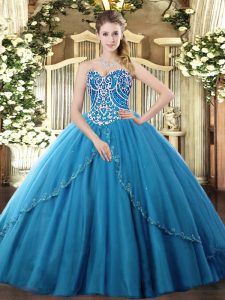 Blue Ball Gowns Tulle Sweetheart Sleeveless Beading Lace Up 15th Birthday Dress Brush Train
