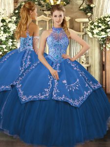 Pretty Sleeveless Tulle Floor Length Lace Up Sweet 16 Dress in Teal with Beading and Embroidery