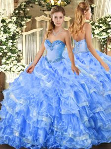 Baby Blue Ball Gowns Sweetheart Sleeveless Organza Floor Length Lace Up Beading and Ruffled Layers Quince Ball Gowns