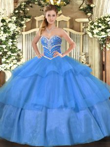 Decent Floor Length Lace Up Sweet 16 Dresses Blue for Military Ball and Sweet 16 and Quinceanera with Beading and Ruffled Layers