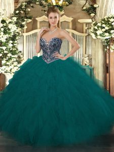 High End Teal Ball Gowns Tulle Sweetheart Sleeveless Beading and Ruffles Floor Length Lace Up Quinceanera Gown