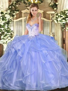 Lavender Ball Gowns Organza Sweetheart Sleeveless Beading and Ruffles Floor Length Lace Up 15th Birthday Dress