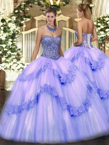 Sleeveless Floor Length Beading and Appliques and Ruffles Lace Up Quinceanera Gown with Lavender