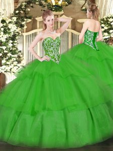 Sumptuous Tulle Sweetheart Sleeveless Lace Up Beading and Ruffled Layers Sweet 16 Quinceanera Dress in Green