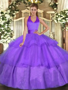 Lavender Halter Top Neckline Ruffled Layers Quince Ball Gowns Sleeveless Lace Up