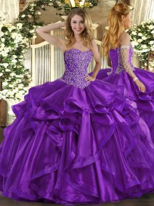 Adorable Purple Ball Gowns Organza Sweetheart Sleeveless Beading and Ruffles Floor Length Lace Up Sweet 16 Dresses