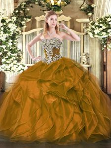 New Arrival Brown Strapless Lace Up Beading and Ruffles Vestidos de Quinceanera Sleeveless