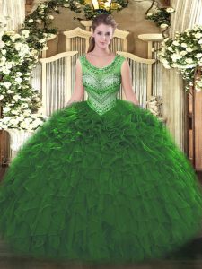 Decent Green Organza Lace Up Quinceanera Dresses Sleeveless Floor Length Beading and Ruffles