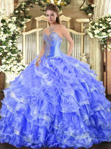 Sleeveless Organza Floor Length Lace Up Quince Ball Gowns in Blue with Beading and Ruffled Layers